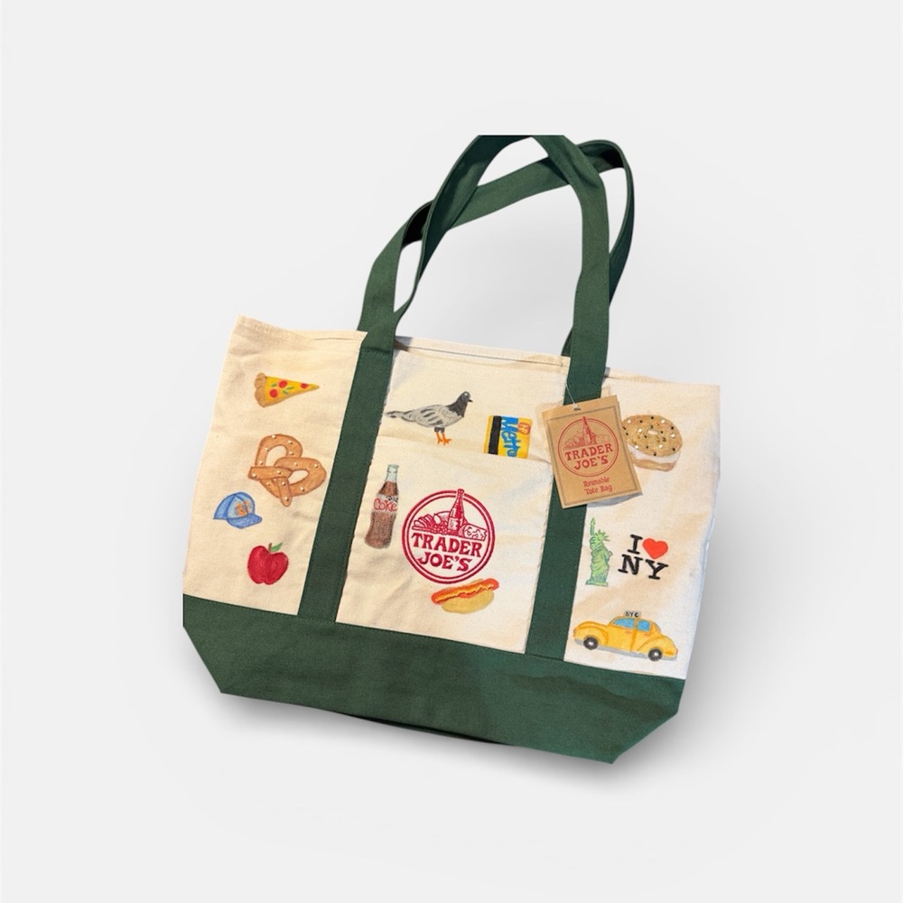 Trader Joe's Green and Cream Painted Tote Bag with beaded accents